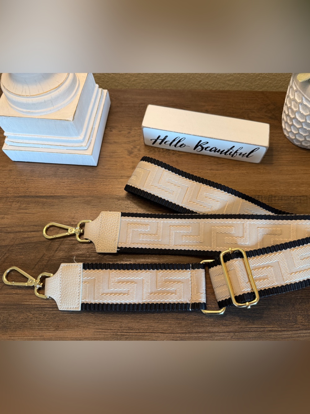 Adjustable Beige and Black Geometric crossbody Strap with Gold metal Hardware